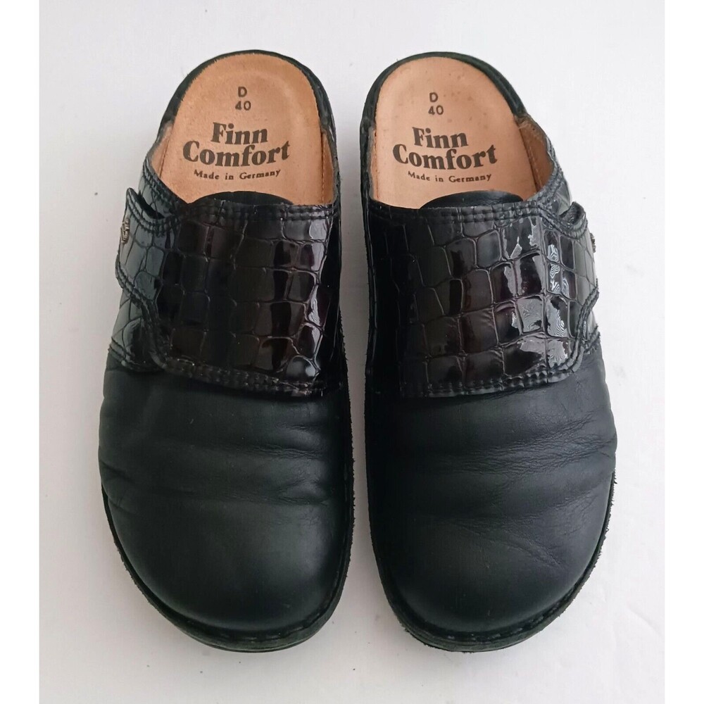 Finn Comfort Blk Leather Clog Moc Croc Accent Made in Germany EU 40 US 9 - Picture 2 of 10